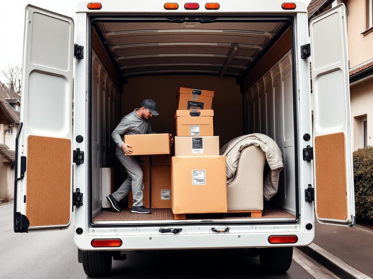Chargement protégé : cartons étiquetés et mobilier housse.
