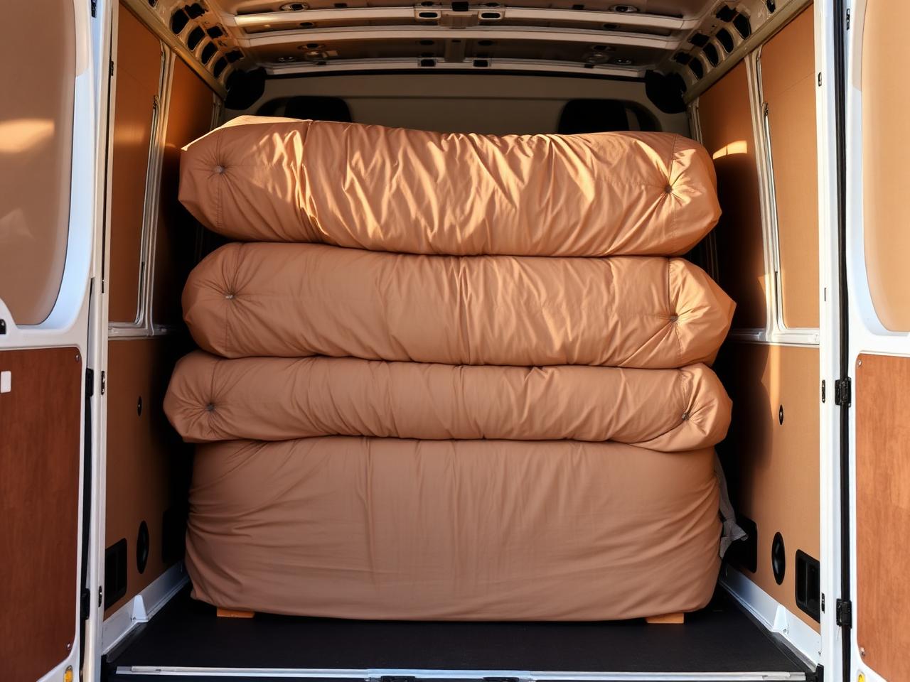 Mobilier protégé et sanglé avant le transport.